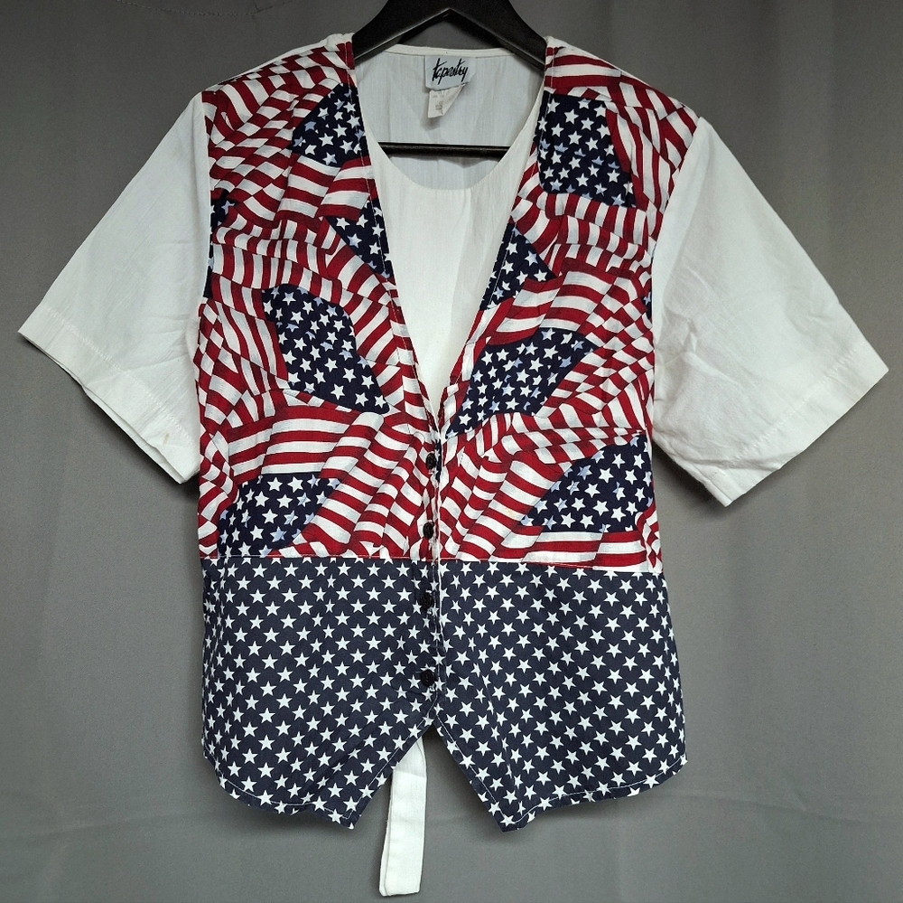 Vtg Tapestry Womens Button Front Top Shortsleeve Overlay Faux Vest American Flag